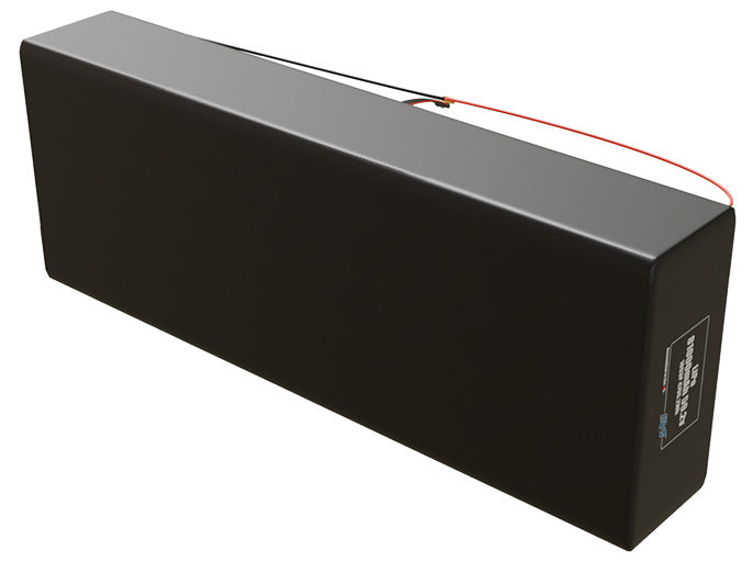 Side-angle render of a 59.2-volt 81000mAh lithium-polymer battery, assembled in the USA for compact UAV, drone, and military robotics platforms.