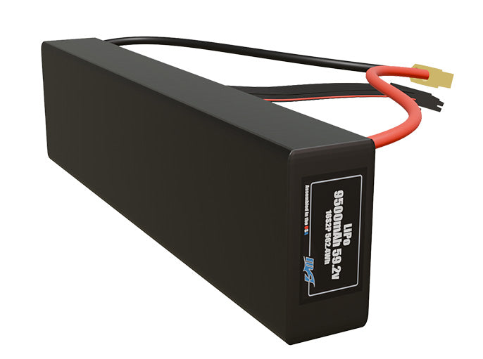 Side-angle render of a 59.2-volt 9500mAh lithium-polymer battery, assembled in the USA for compact UAV, drone, and military robotics platforms.