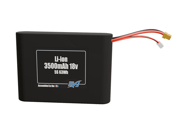 Front-facing render of the 18V 3500mAh 5S Li-ion battery, assembled in the USA by maxamps, for drone and robotics applications.