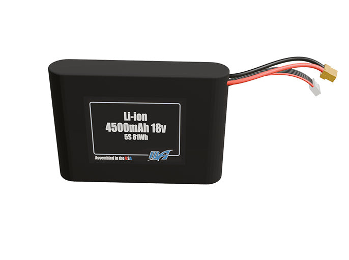 Front-facing render of the 18V 4500mAh 5S Li-ion battery, assembled in the USA by maxamps, for drone and robotics applications.