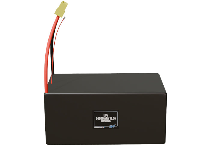 Front-facing render of the 18.5V 34000mAh 5S2P LiPo battery, assembled in the USA by maxamps, for drone and robotics applications.