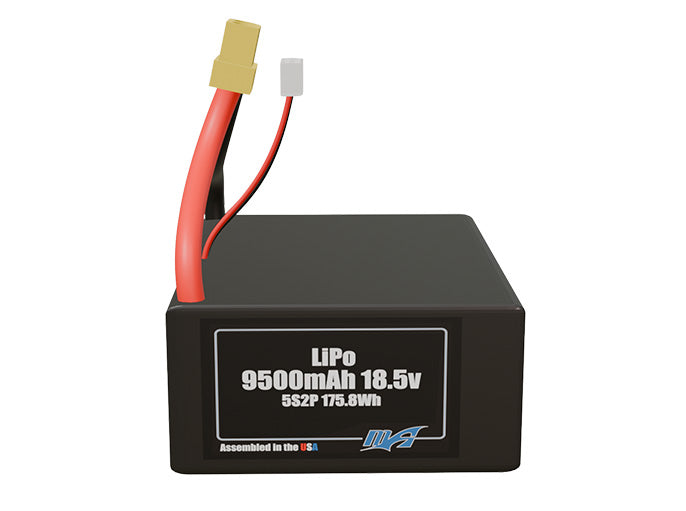Front-facing render of the 18.5V 9500mAh 5S2P LiPo battery, assembled in the USA by maxamps, for drone and robotics applications.