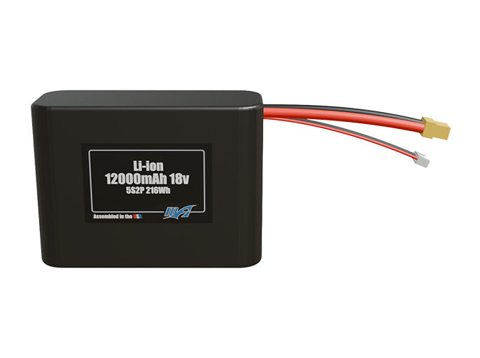 Front-facing render of the 18V 12000mAh 5S2P Li-ion battery, assembled in the USA by maxamps, for drone and robotics applications.
