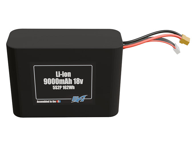 Front-facing render of the 18V 9000mAh 5S2P Li-ion battery, assembled in the USA by maxamps, for drone and robotics applications.