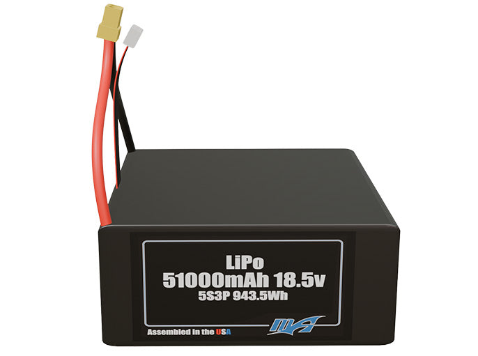 Front-facing render of the 18.5V 51000mAh 5S3P LiPo battery, assembled in the USA by maxamps, for drone and robotics applications.