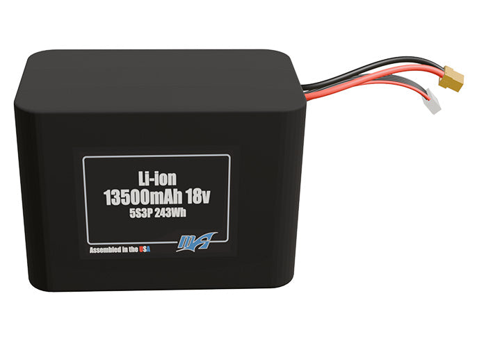 Front-facing render of the 18V 13500mAh 5S3P Lithium-Ion battery, assembled in the USA by maxamps, for drone and robotics applications.