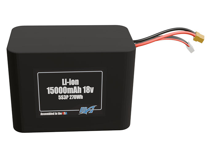 Front-facing render of the 18V 15000mAh 5S3P Lithium-Ion battery, assembled in the USA by maxamps, for drone and robotics applications.