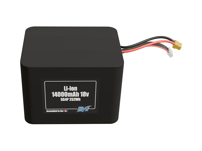Front-facing render of the 18V 14000mAh 5S4P Lithium-Ion battery, assembled in the USA by maxamps, for drone and robotics applications.