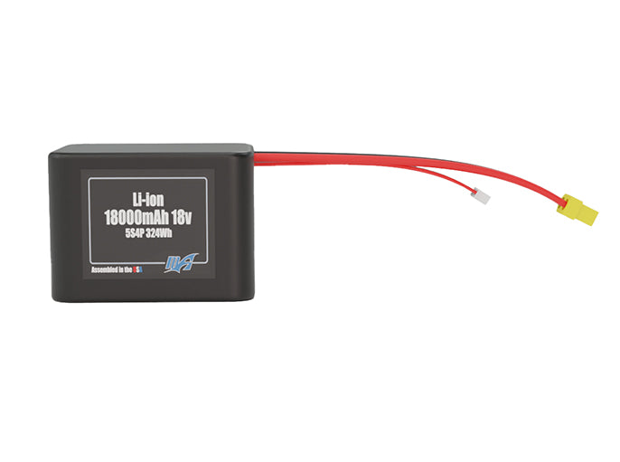 Front-facing render of the 18V 18000mAh 5S4P Lithium-Ion battery, assembled in the USA by maxamps, for drone and robotics applications.