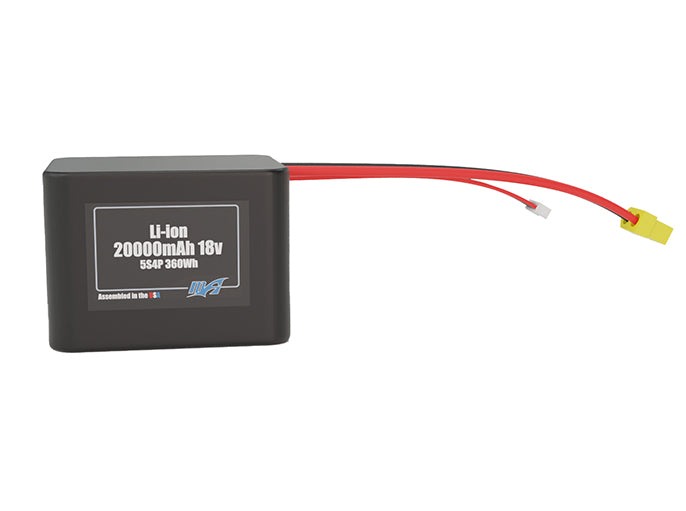 Front-facing render of the 18V 20000mAh 5S4P Lithium-Ion battery, assembled in the USA by maxamps, for drone and robotics applications.