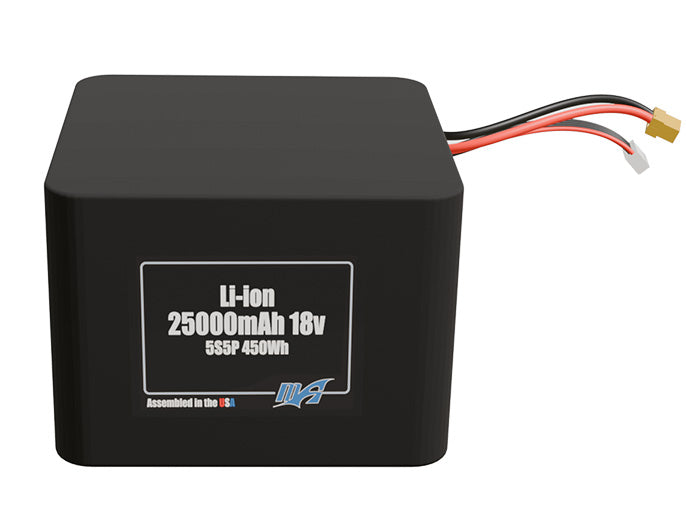 Front-facing render of the 18V 25000mAh 5S5P Lithium-Ion battery, assembled in the USA by maxamps, for drone and robotics applications.