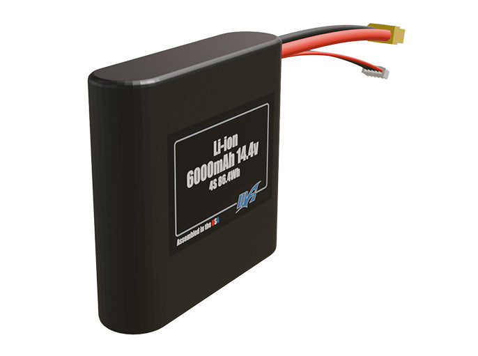 Angled product render of the 6000mAh four-cell Li-ion pack. A lightweight energy source for UAV, drone, and robotic builds.