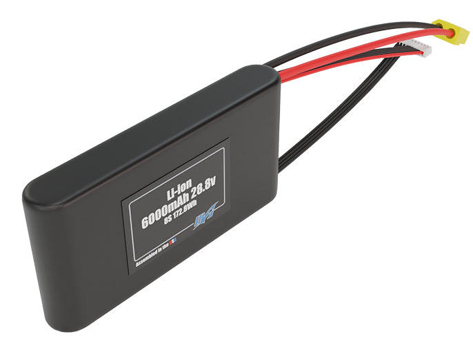 Angled product render of the 6000mAh eight-cell Li-ion pack. A lightweight energy source for UAV, drone, and robotic builds.