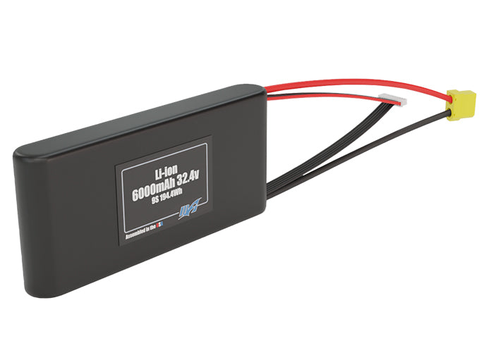 Angled product render of the 6000mAh nine-cell Li-ion pack. A lightweight energy source for UAV, drone, and robotic builds.