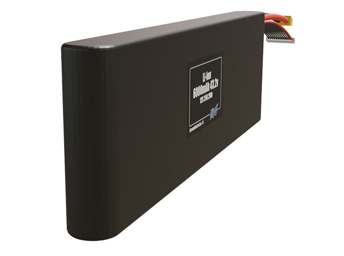 Angled product render of the 6000mAh twelve-cell Li-ion pack. A lightweight energy source for UAV, drone, and robotic builds.