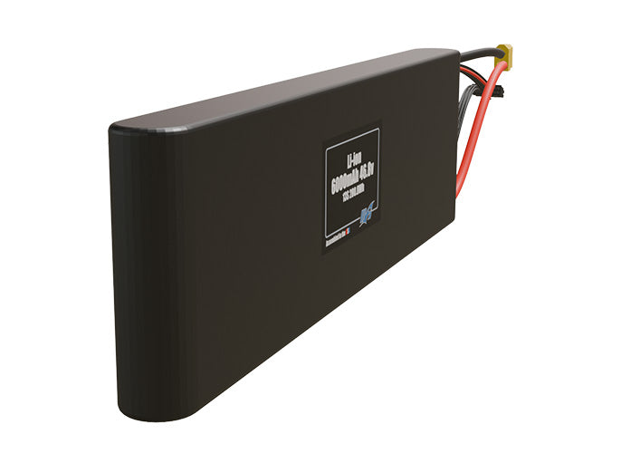 Angled product render of the 6000mAh thirteen-cell Li-ion pack. A lightweight energy source for UAV, drone, and robotic builds.