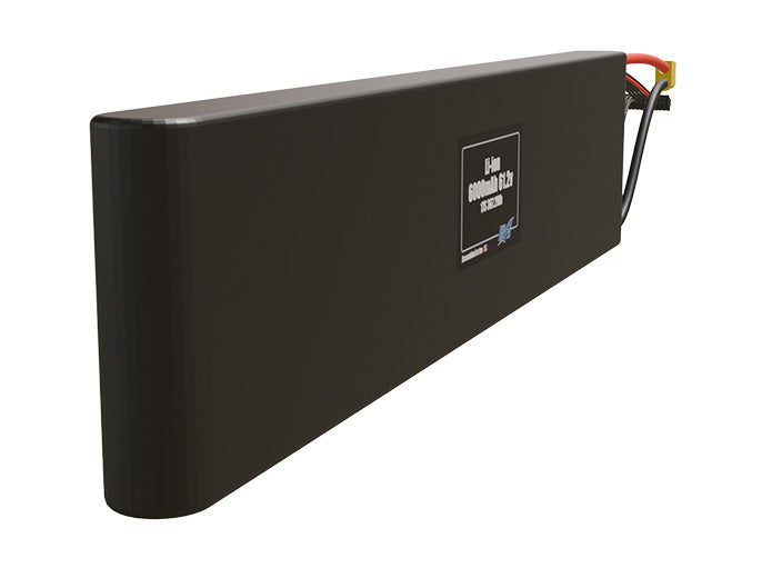 Angled product render of the 6000mAh seventeen-cell Li-ion pack. A lightweight energy source for UAV, drone, and robotic builds.