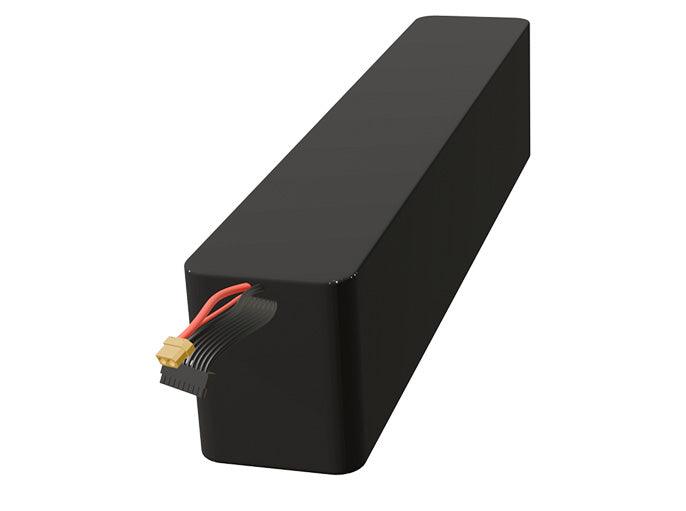 Side-angle render of a 61.2-volt 10500mAh lithium-ion battery, assembled in the USA for compact UAV, drone, and military robotics platforms.