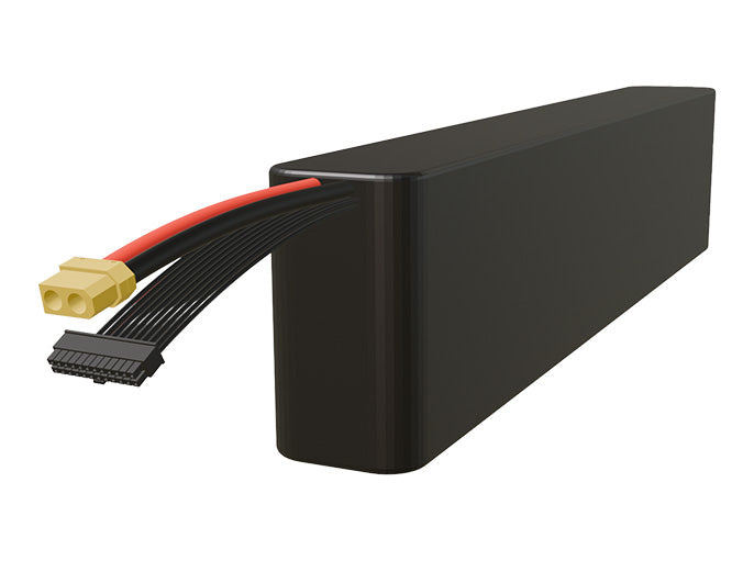 Side-angle render of a 61.2-volt 12000mAh lithium-ion battery, assembled in the USA for compact UAV, drone, and military robotics platforms.