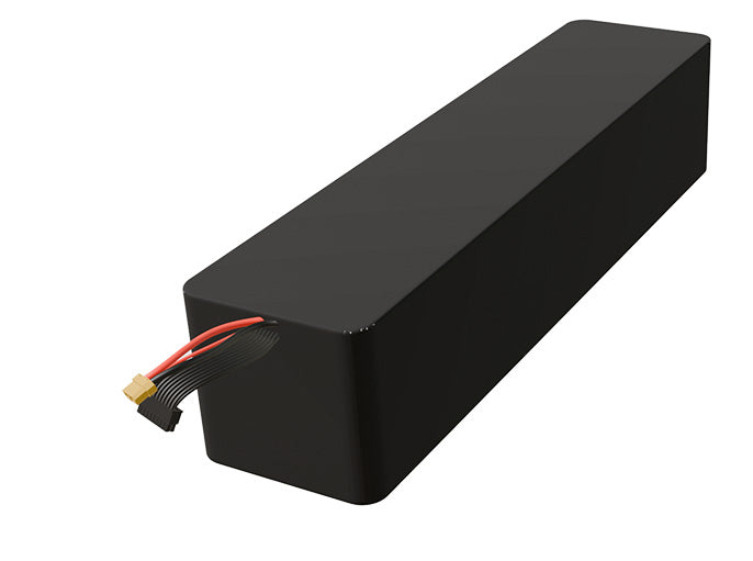 Side-angle render of a 61.2-volt 14000mAh lithium-ion battery, assembled in the USA for compact UAV, drone, and military robotics platforms.