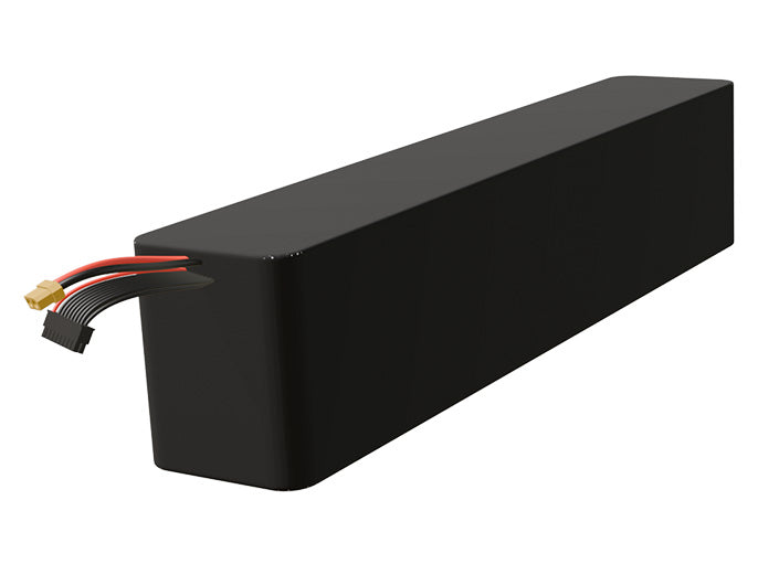 Side-angle render of a 61.2-volt 15000mAh lithium-ion battery, assembled in the USA for compact UAV, drone, and military robotics platforms.