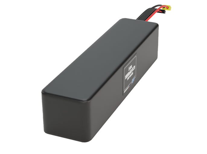 Side-angle render of a 61.2-volt 18000mAh lithium-ion battery, assembled in the USA for compact UAV, drone, and military robotics platforms.