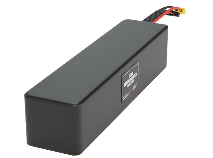 Side-angle render of a 61.2-volt 20000mAh lithium-ion battery, assembled in the USA for compact UAV, drone, and military robotics platforms.