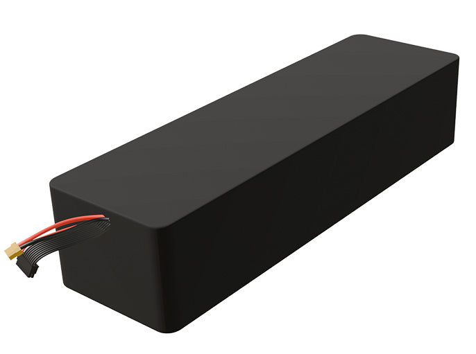 Side-angle render of a 61.2-volt 25000mAh lithium-ion battery, assembled in the USA for compact UAV, drone, and military robotics platforms.