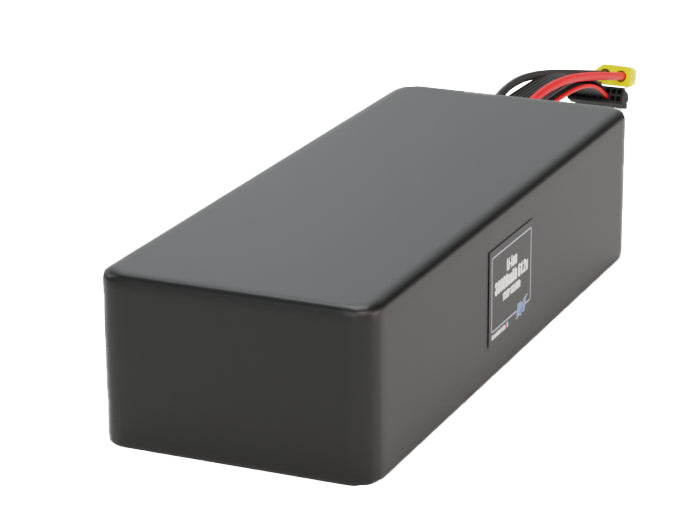 Side-angle render of a 61.2-volt 30000mAh lithium-ion battery, assembled in the USA for compact UAV, drone, and military robotics platforms.