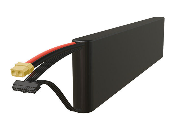 Side-angle render of a 61.2-volt 3500mAh lithium-ion battery, assembled in the USA for compact UAV, drone, and military robotics platforms.