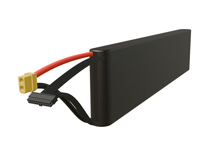 Side-angle render of a 61.2-volt 4500mAh lithium-ion battery, assembled in the USA for compact UAV, drone, and military robotics platforms.