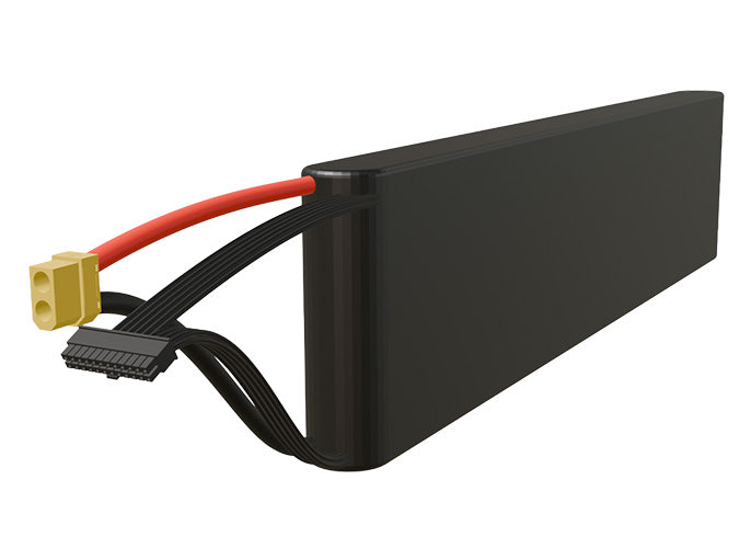 Side-angle render of a 61.2-volt 5000mAh lithium-ion battery, assembled in the USA for compact UAV, drone, and military robotics platforms.