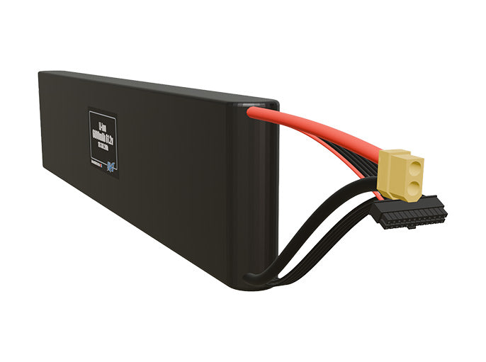 Side-angle render of a 61.2-volt 6000mAh lithium-ion battery, assembled in the USA for compact UAV, drone, and military robotics platforms.