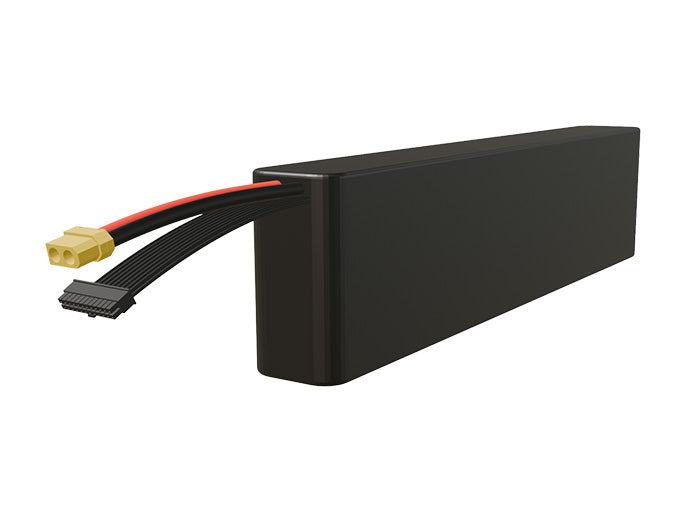 Side-angle render of a 61.2-volt 7000mAh lithium-ion battery, assembled in the USA for compact UAV, drone, and military robotics platforms.