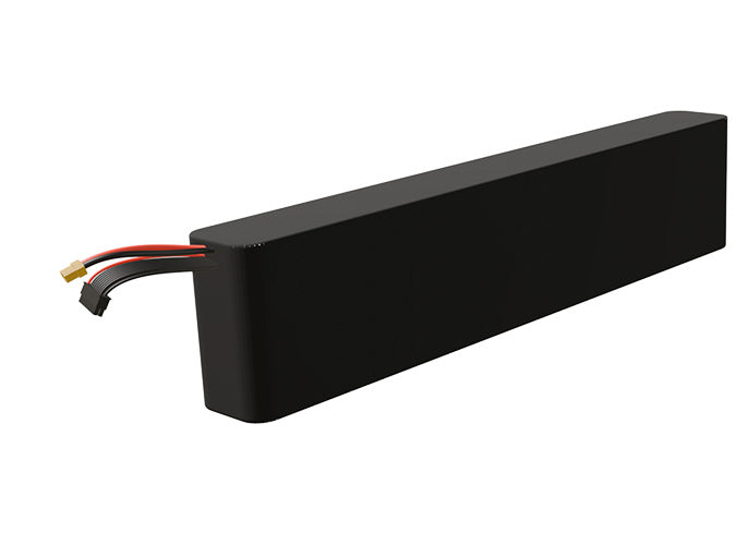 Side-angle render of a 61.2-volt 9000mAh lithium-ion battery, assembled in the USA for compact UAV, drone, and military robotics platforms.
