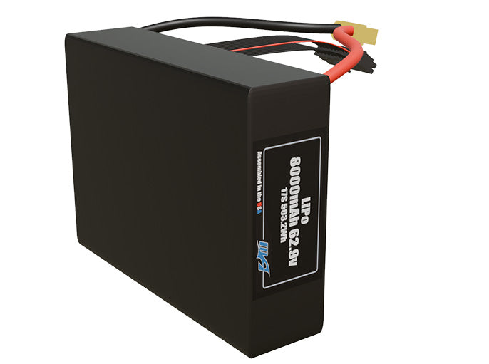 Side-angle render of a 62.9-volt 8000mAh lithium-polymer battery, assembled in the USA for compact UAV, drone, and military robotics platforms.