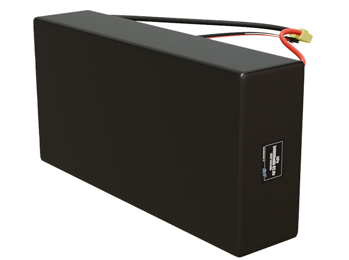 Side-angle render of a 62.9-volt 34000mAh lithium-polymer battery, assembled in the USA for compact UAV, drone, and military robotics platforms.
