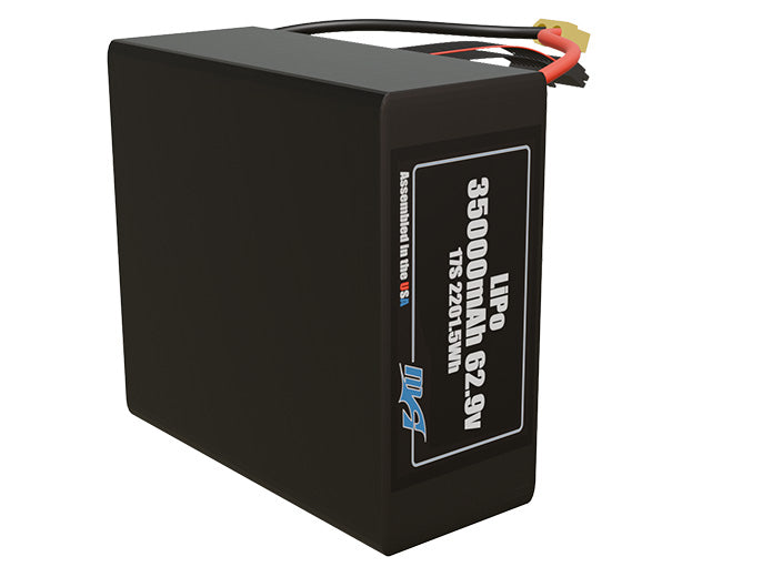 Side-angle render of a 62.9-volt 35000mAh lithium-polymer battery, assembled in the USA for compact UAV, drone, and military robotics platforms.