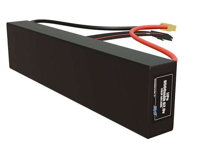 Side-angle render of a 62.9-volt 9500mAh lithium-polymer battery, assembled in the USA for compact UAV, drone, and military robotics platforms.