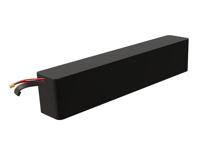 Side-angle render of a 64.8-volt 10500mAh lithium-ion battery, assembled in the USA for compact UAV, drone, and military robotics platforms.