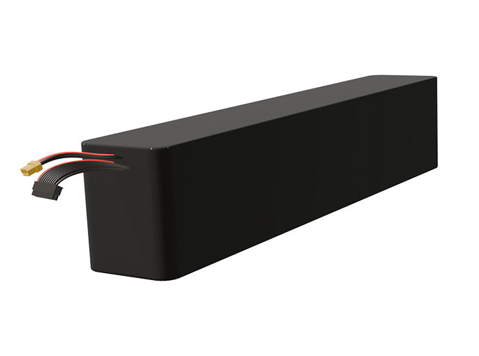 Side-angle render of a 64.8-volt 15000mAh lithium-ion battery, assembled in the USA for compact UAV, drone, and military robotics platforms.