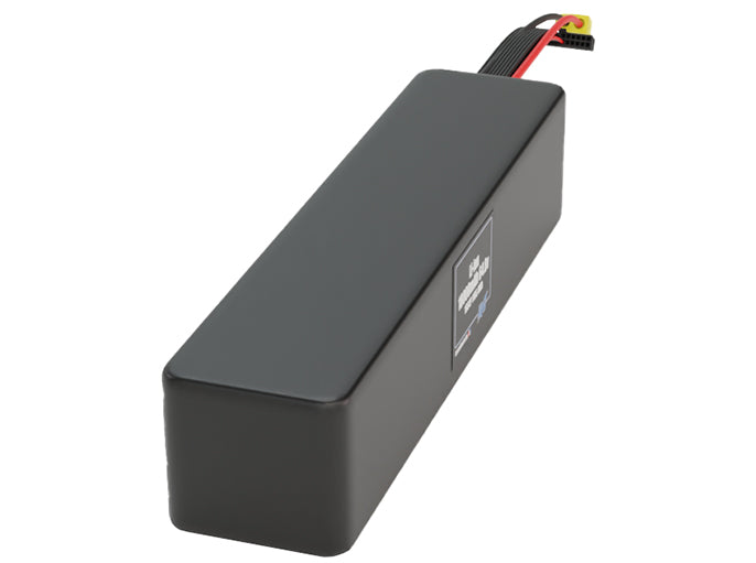 Side-angle render of a 64.8-volt 18000mAh lithium-ion battery, assembled in the USA for compact UAV, drone, and military robotics platforms.