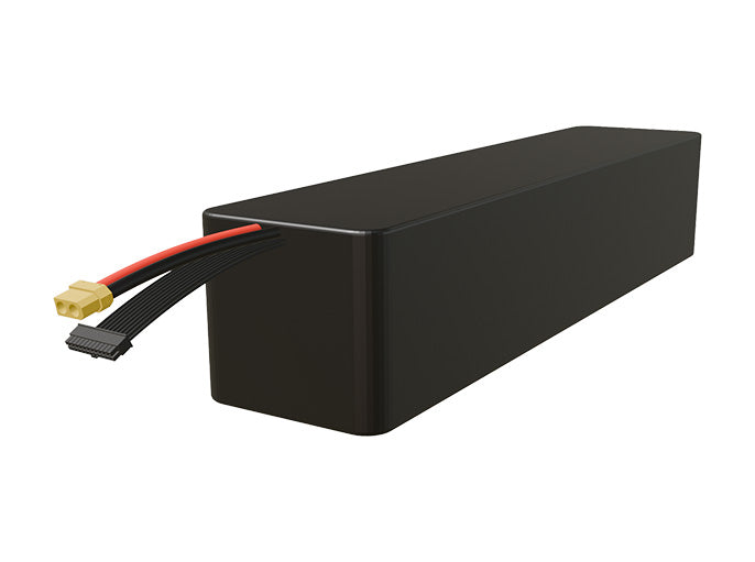 Side-angle render of a 64.8-volt 24000mAh lithium-ion battery, assembled in the USA for compact UAV, drone, and military robotics platforms.