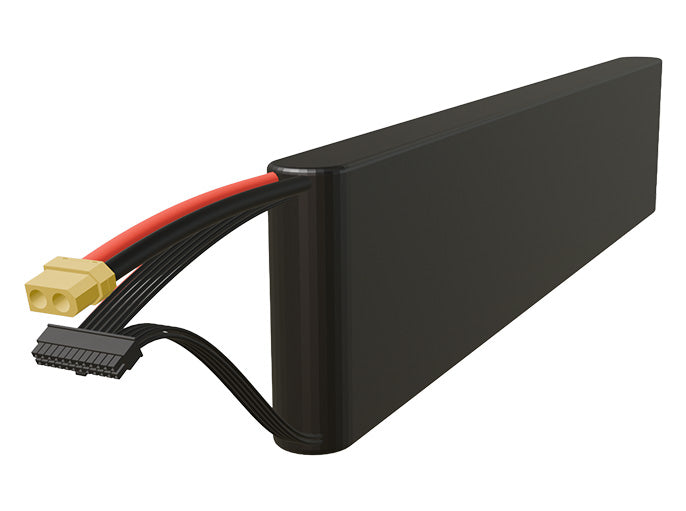 Side-angle render of a 64.8-volt 5000mAh lithium-ion battery, assembled in the USA for compact UAV, drone, and military robotics platforms.