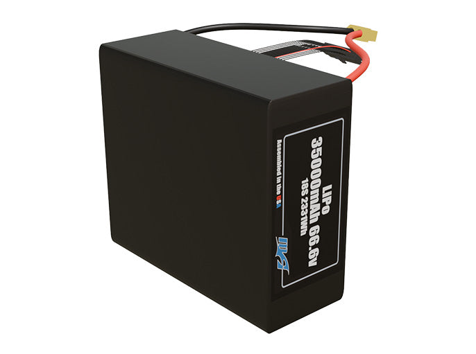 Side-angle render of a 66.6-volt 35000mAh lithium-polymer battery, assembled in the USA for compact UAV, drone, and military robotics platforms.