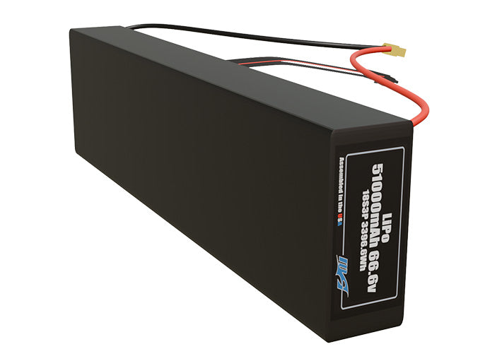 Side-angle render of a 66.6-volt 51000mAh lithium-polymer battery, assembled in the USA for compact UAV, drone, and military robotics platforms.