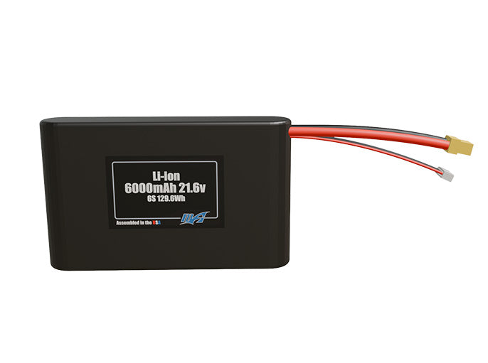 Front-facing render of the 21.6V 6000mAh 6S Li-ion battery, assembled in the USA by maxamps, for drone and robotics applications.
