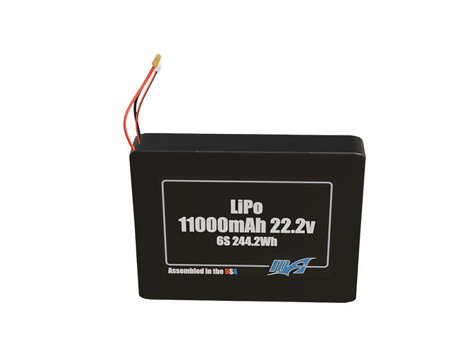 Front-facing render of the 22.2V 11000mAh 6S LiPo side by side battery, assembled in the USA by maxamps, for drone and robotics applications.