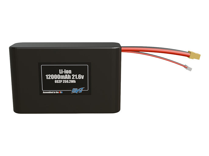 Front-facing render of the 21.6V 12000mAh 6S2P Li-ion battery, assembled in the USA by maxamps, for drone and robotics applications.