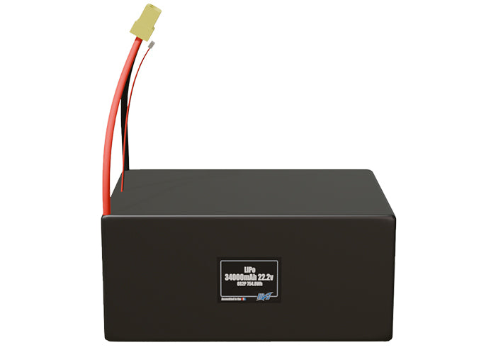 Front-facing render of the 22.2V 34000mAh 6S2P LiPo battery, assembled in the USA by maxamps, for drone and robotics applications.